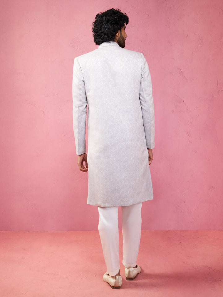 Men's Grey Silk Blend Sherwani Set with Cream Pyjama - view 5