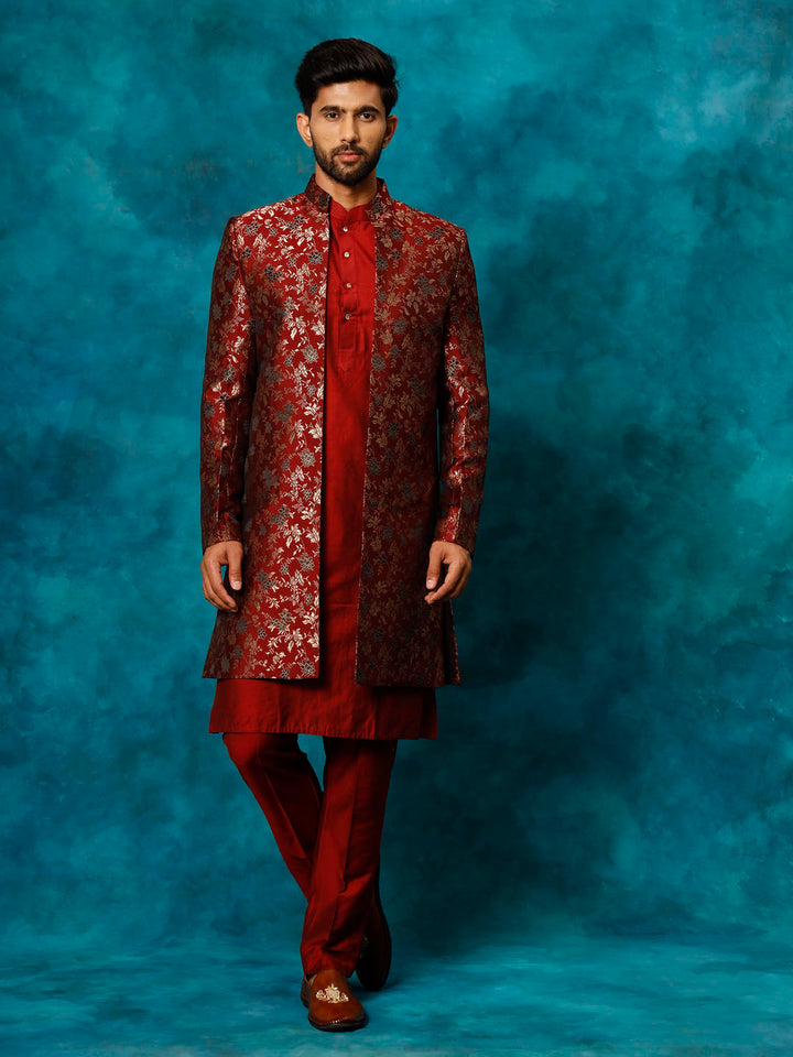 Men's Red Jacquard Indo Western With Maroon Viscose Kurta Pant Set