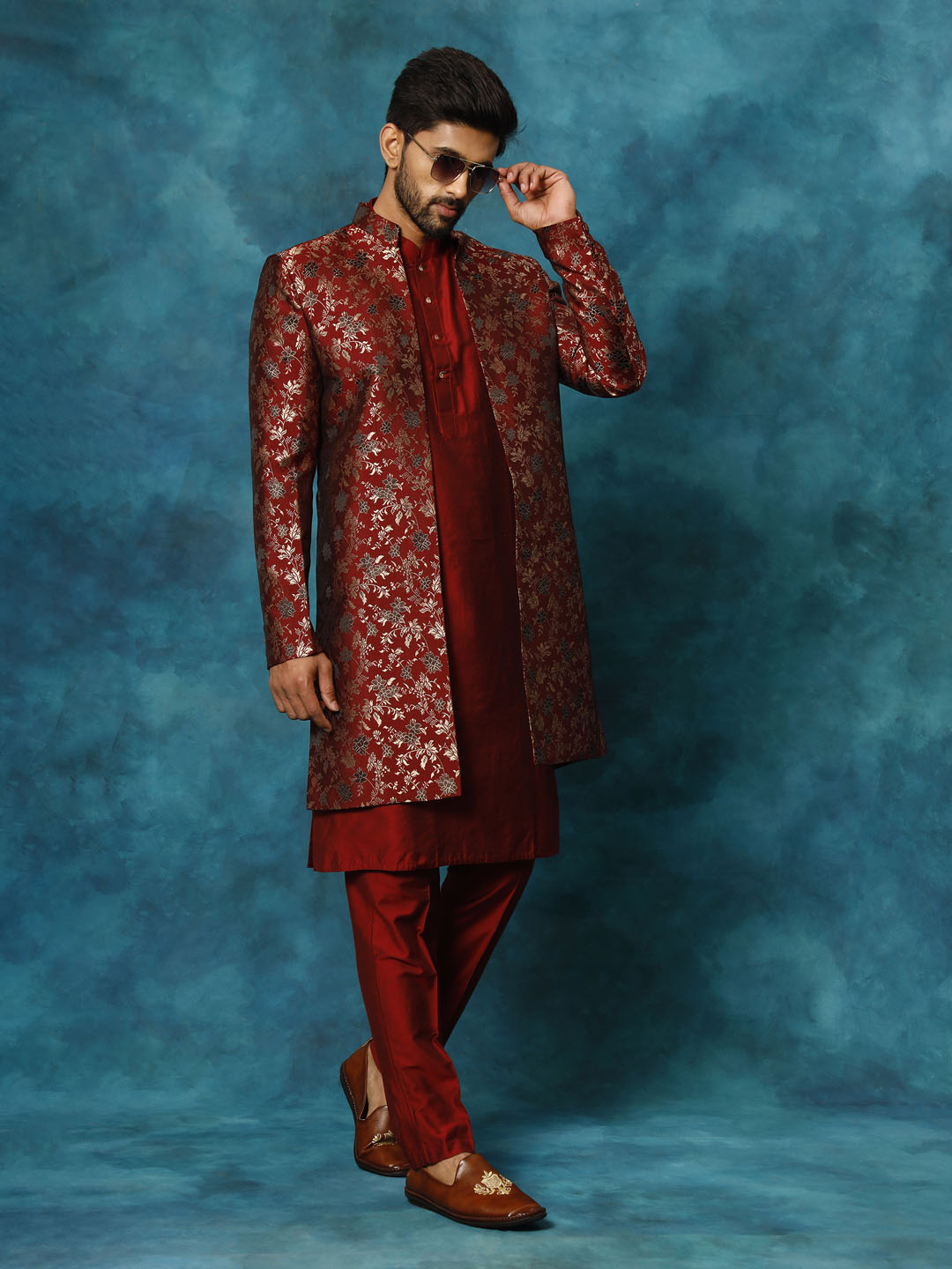 Men's Red Jacquard Indo Western With Maroon Viscose Kurta Pant Set