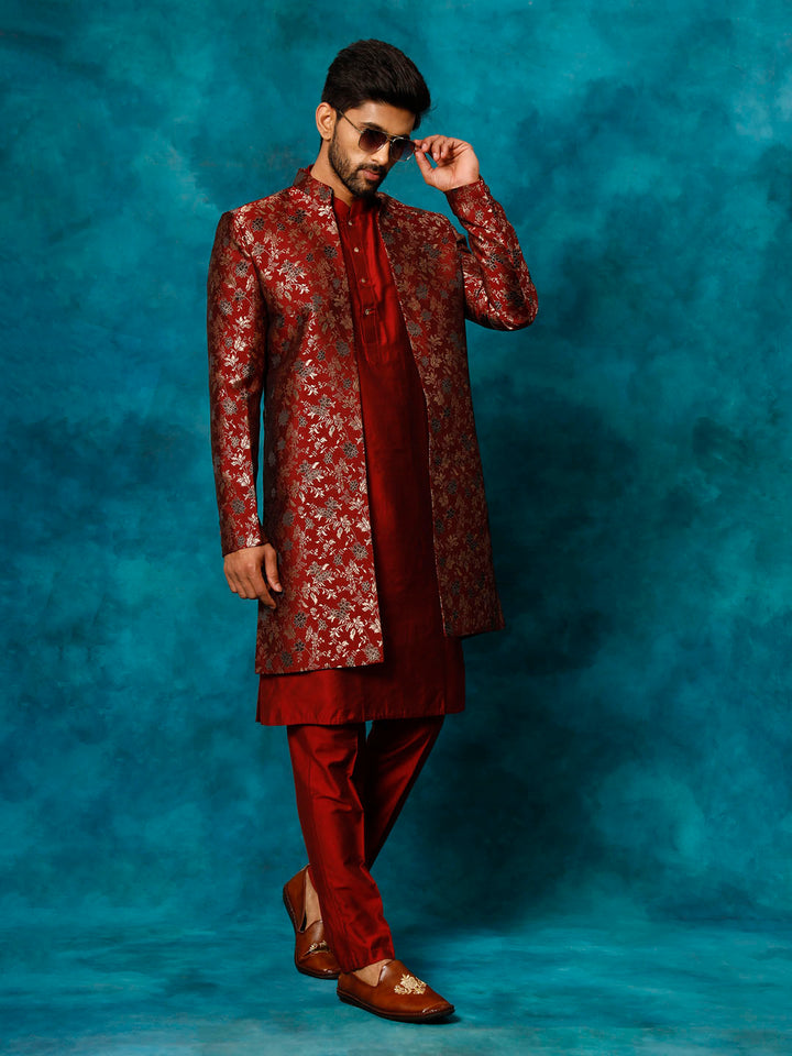 Men's Red Jacquard Indo Western With Maroon Viscose Kurta Pant Set