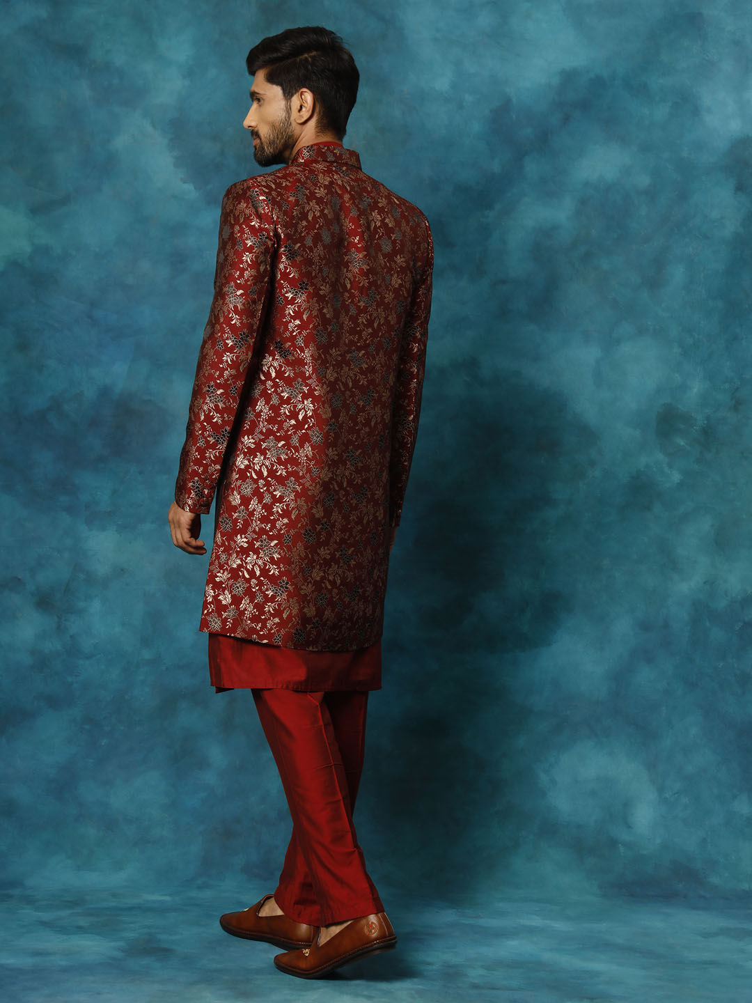 Men's Red Jacquard Indo Western With Maroon Viscose Kurta Pant Set