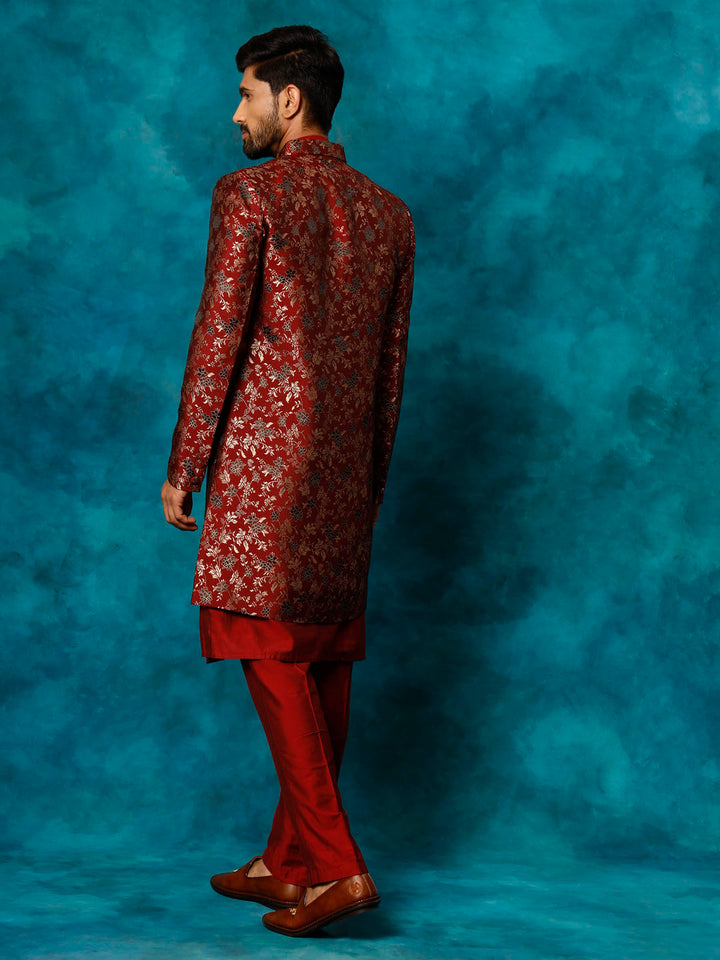 Men's Red Jacquard Indo Western With Maroon Viscose Kurta Pant Set