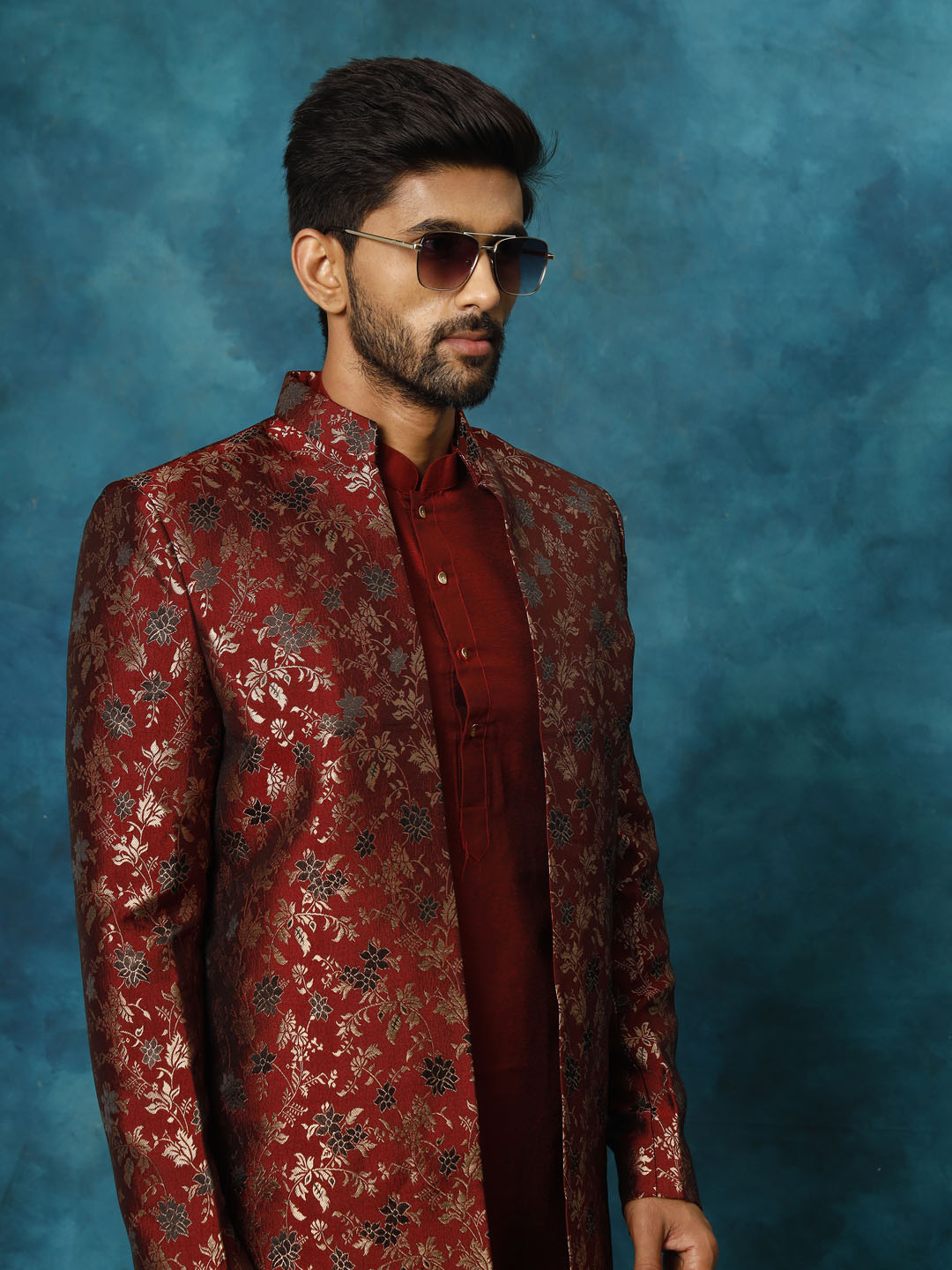 Men's Red Jacquard Indo Western With Maroon Viscose Kurta Pant Set