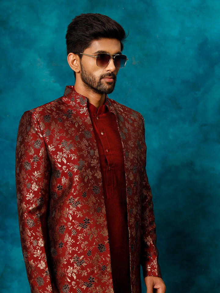 Men's Red Jacquard Indo Western With Maroon Viscose Kurta Pant Set