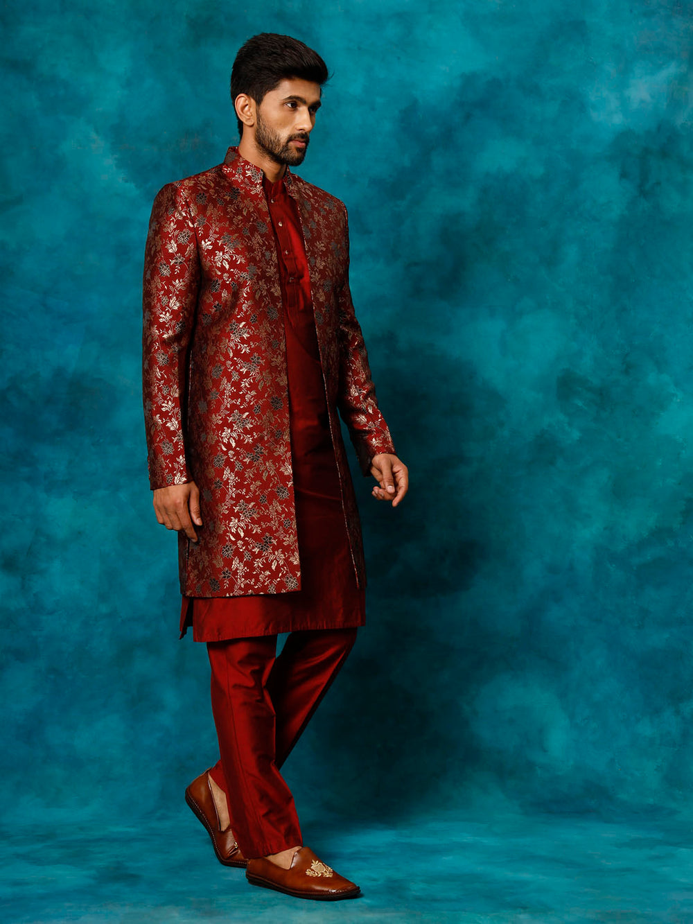 Men's Red Jacquard Indo Western With Maroon Viscose Kurta Pant Set