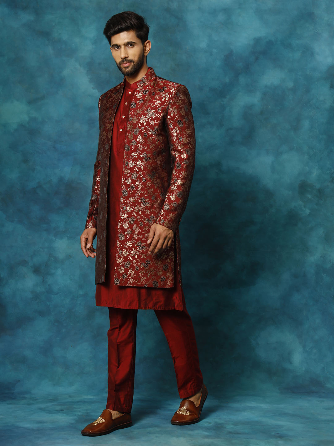 Men's Red Jacquard Indo Western With Maroon Viscose Kurta Pant Set