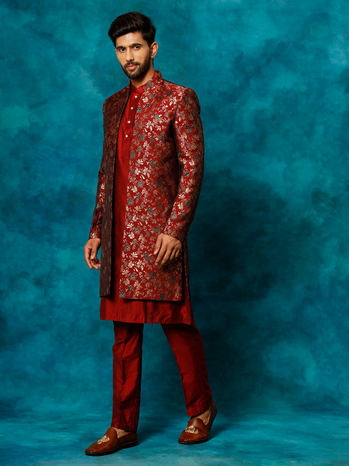 Men's Red Jacquard Indo Western With Maroon Viscose Kurta Pant Set