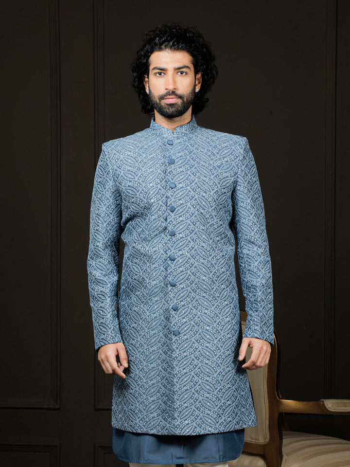 Men's Blue Cotton Blend Sherwani Only Top