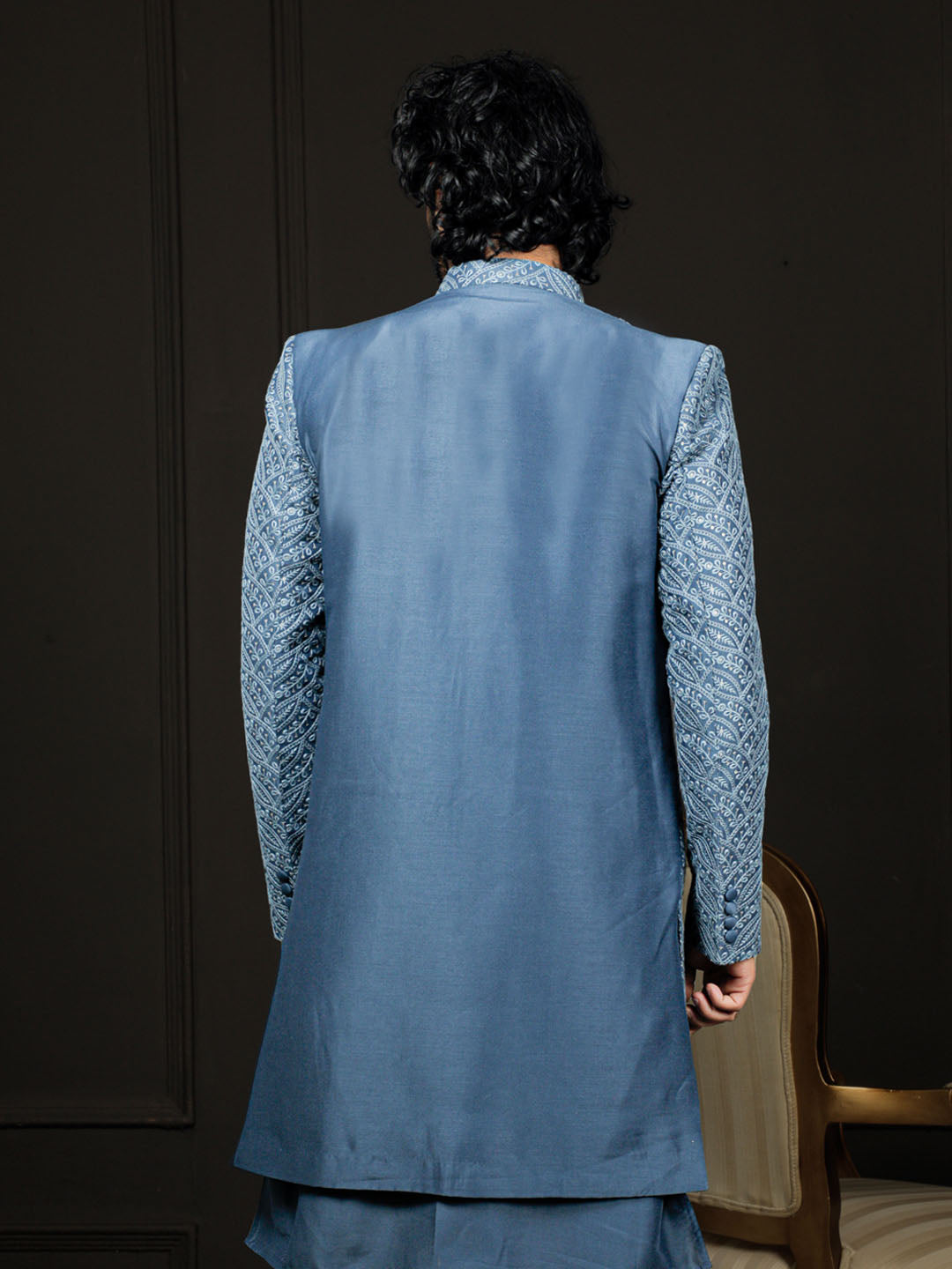 Men's Blue Cotton Blend Sherwani Only Top