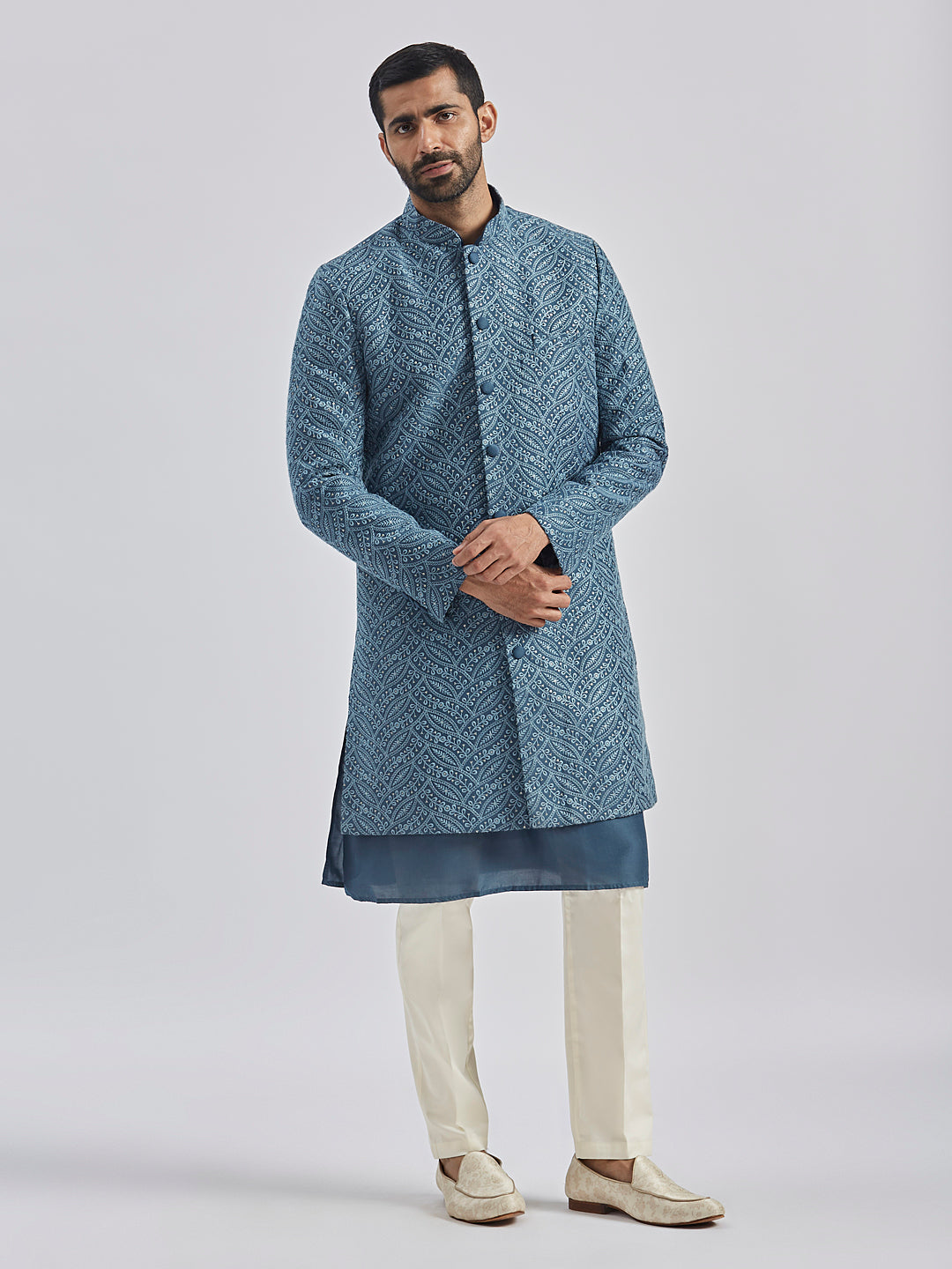 Men's Grey Viscose Sherwani Set