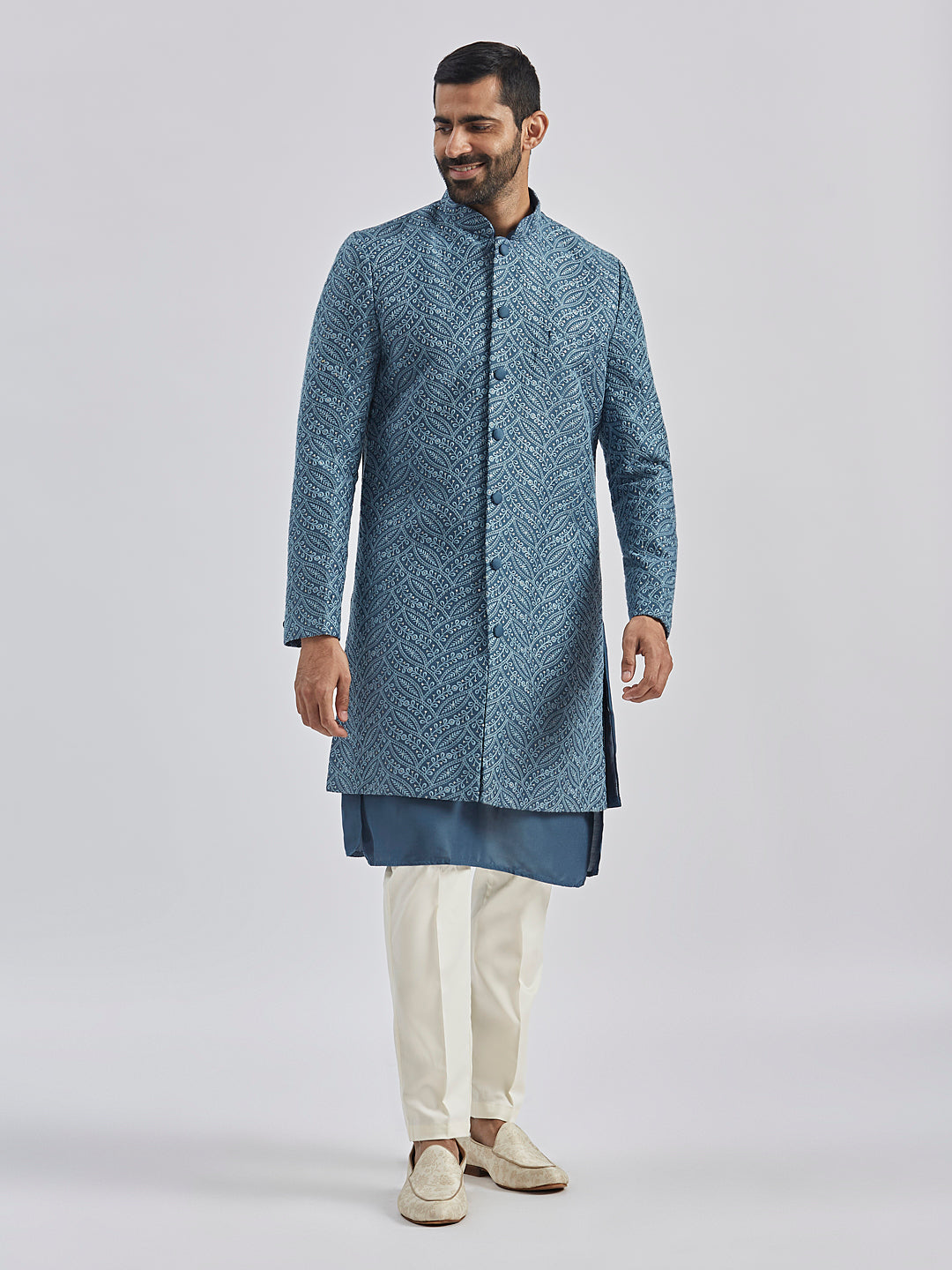 Men's Grey Viscose Sherwani Set