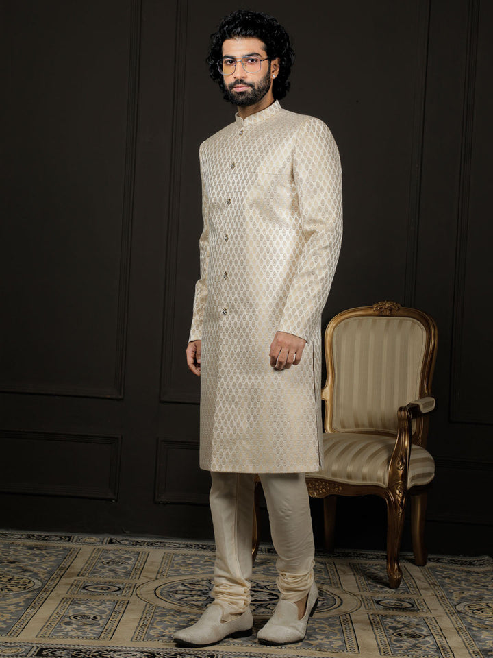 Men's Cream And Gold Silk Blend Sherwani Set - view 2