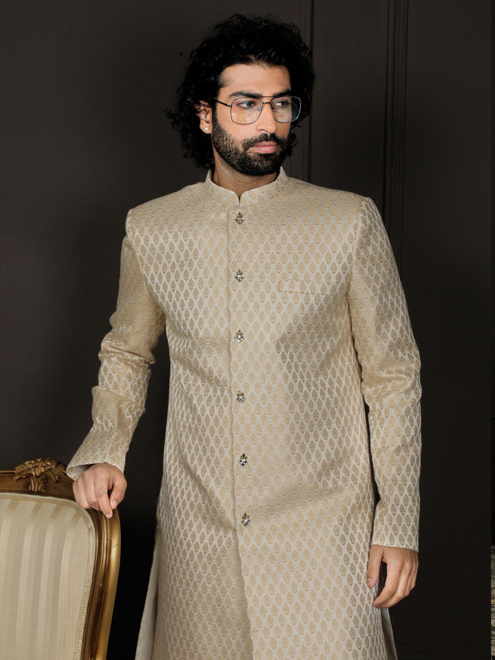 Men's Cream And Gold Silk Blend Sherwani Set - view 4