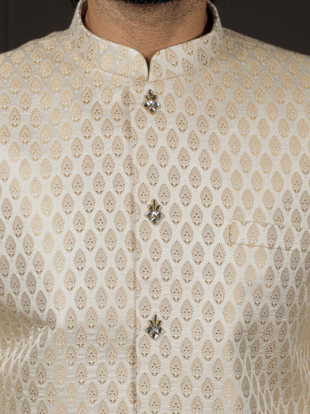 Men's Cream And Gold Silk Blend Sherwani Set - view 6