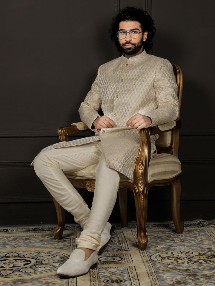 Men's Cream And Gold Silk Blend Sherwani Set - view 7