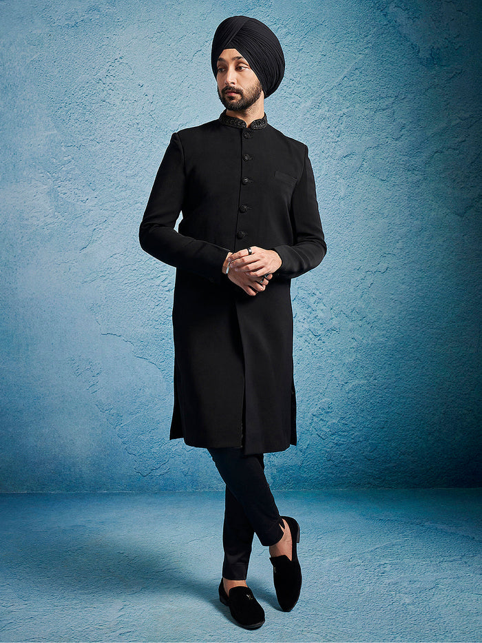 Men's Black Suiting Fabric Sherwani Set
