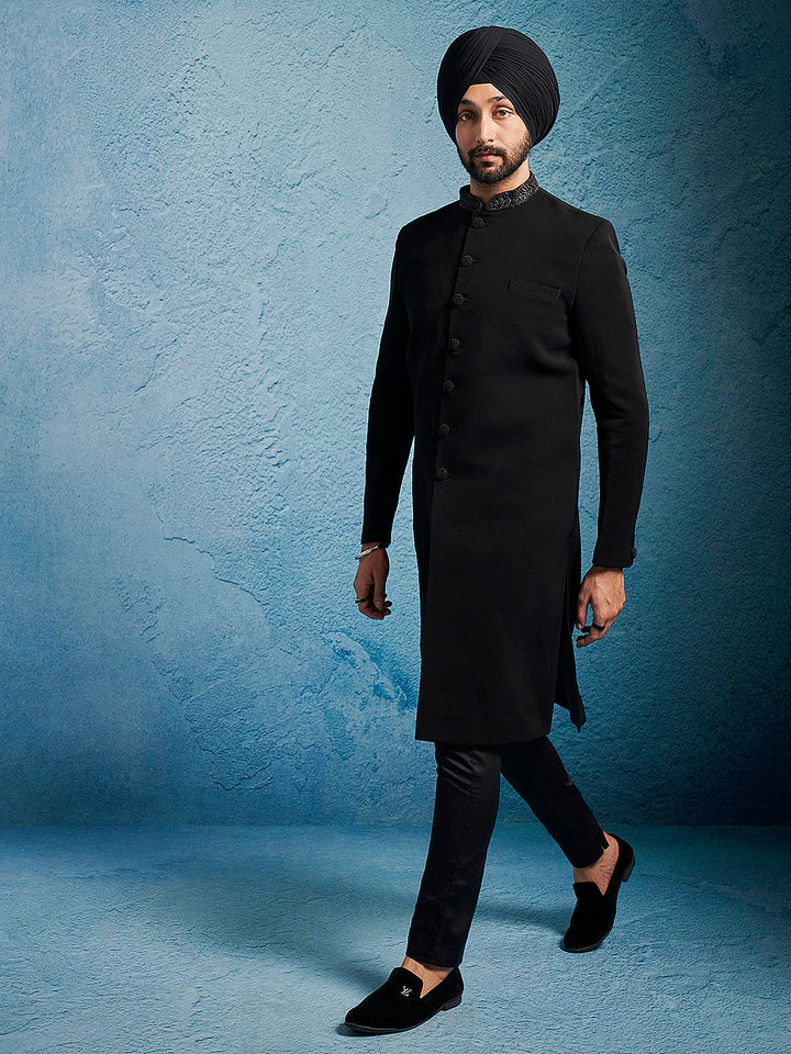 Men's Black Sutting Fabric Sherwani Set