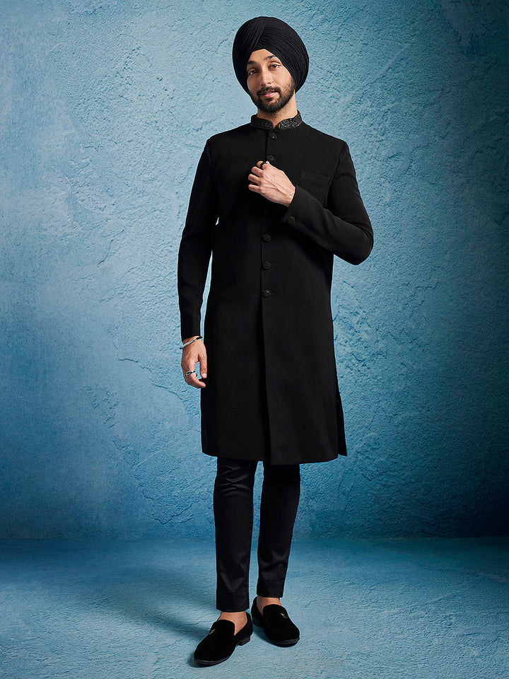 Men's Black Sutting Fabric Sherwani Set