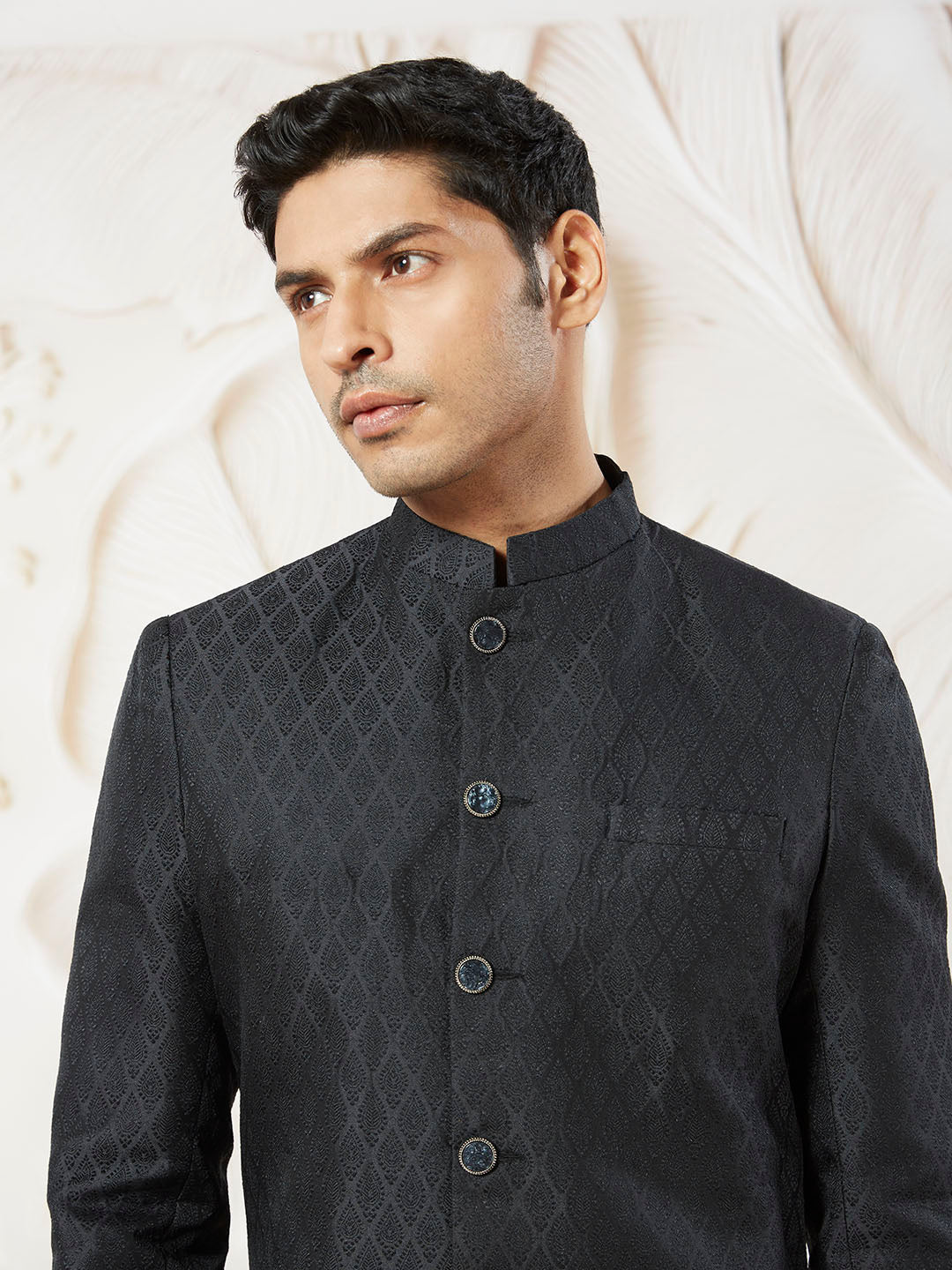 Men's Black Silk Blend Sherwani And Pyjama Set