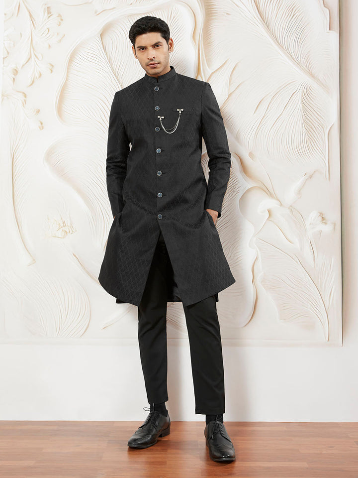 Men's Black Silk Blend Sherwani And Pyjama Set