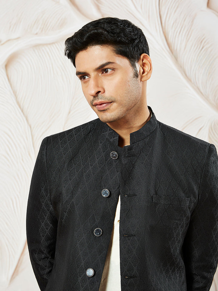 Men's Black Silk Blend Sherwani,Kurta And Pyjama Set