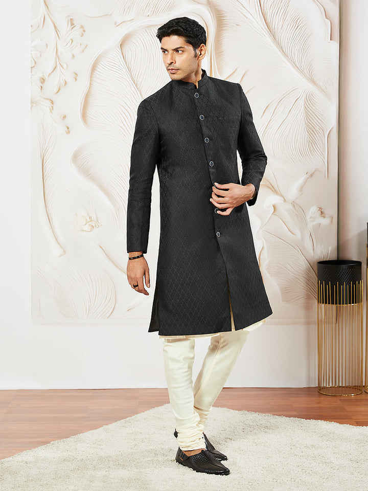 Men's Black Silk Blend Sherwani,Kurta And Pyjama Set