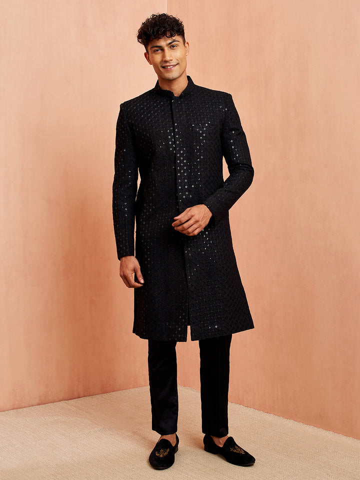 Men's Black Rayon Sherwani Set
