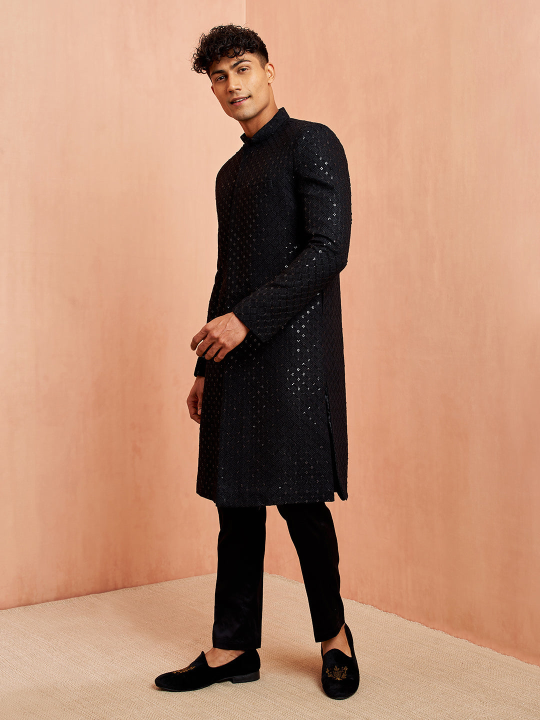Men's Black Rayon Sherwani Set
