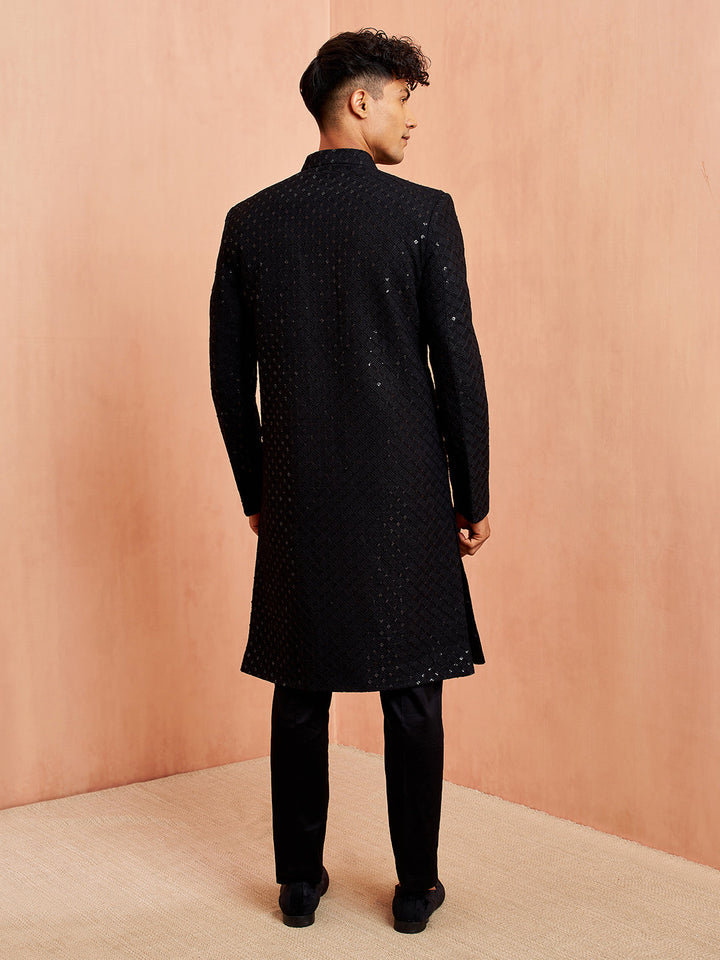 Men's Black Rayon Sherwani Set