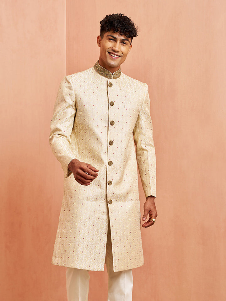 Men Cream Silk Sherwani