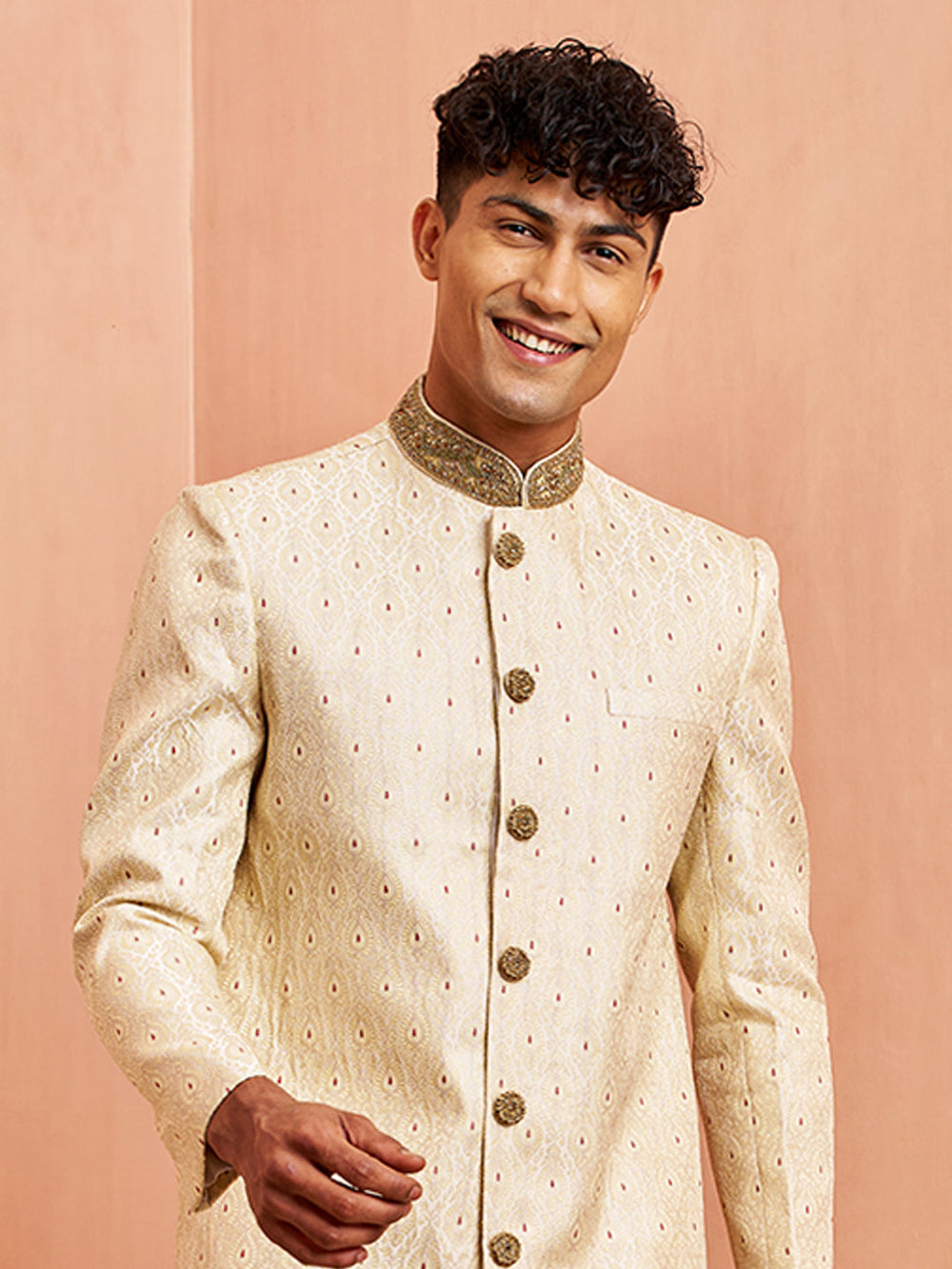 Men Cream Silk Sherwani