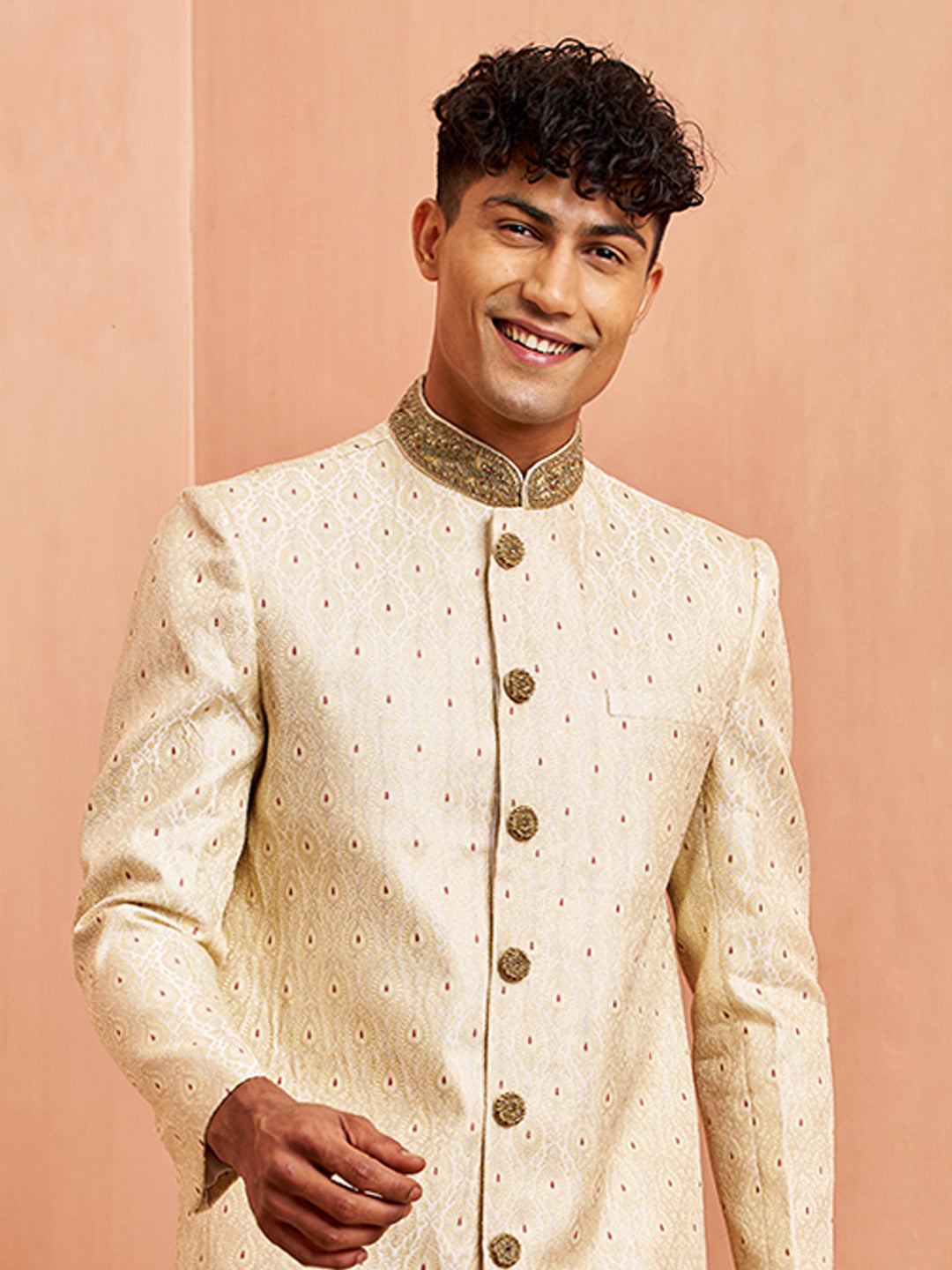 Men Cream Silk Sherwani