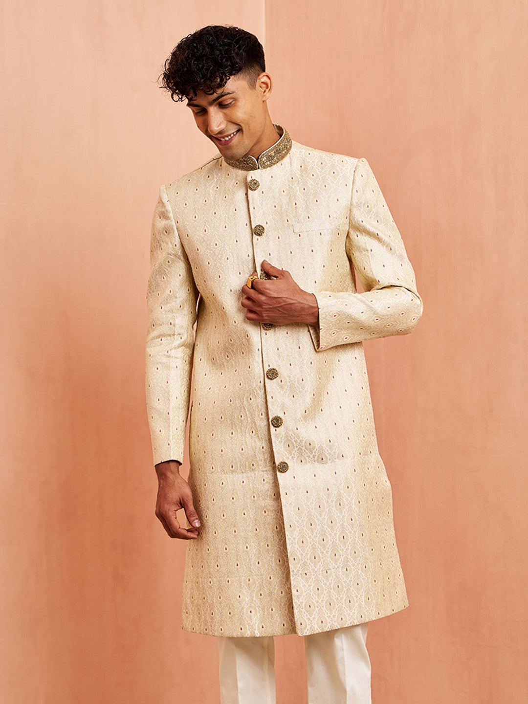 Men Cream Silk Sherwani