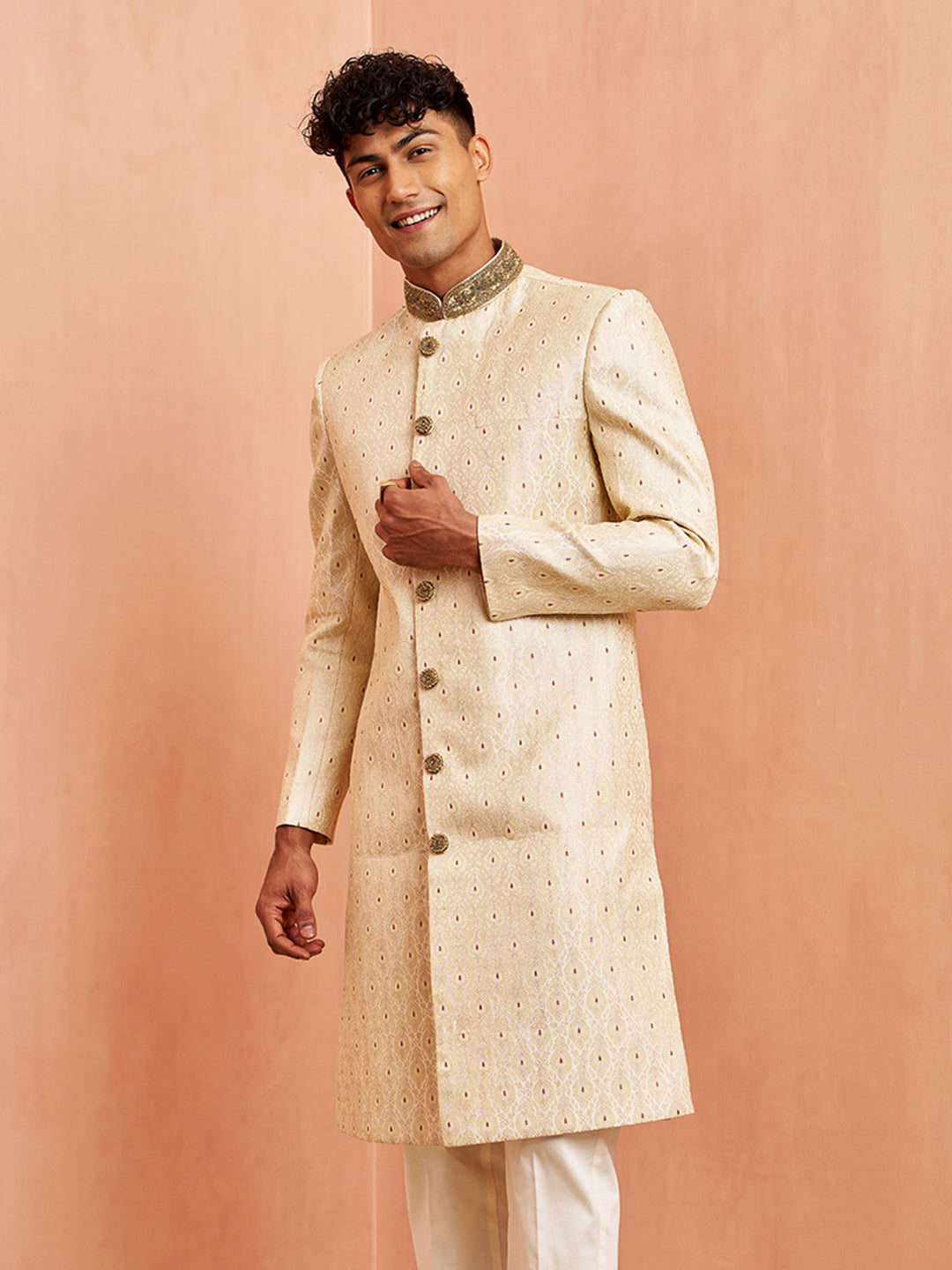 Men Cream Silk Sherwani