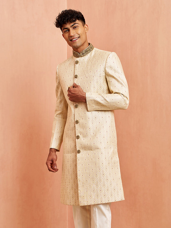Men Cream Silk Sherwani