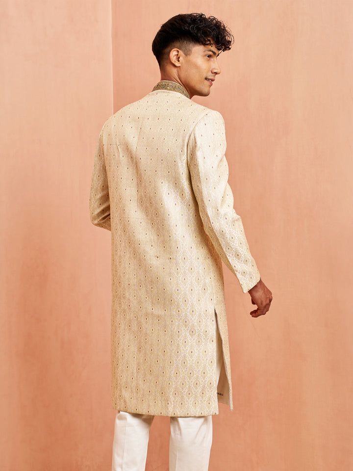 Men Cream Silk Sherwani