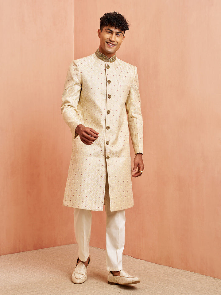 Men Cream Silk Sherwani
