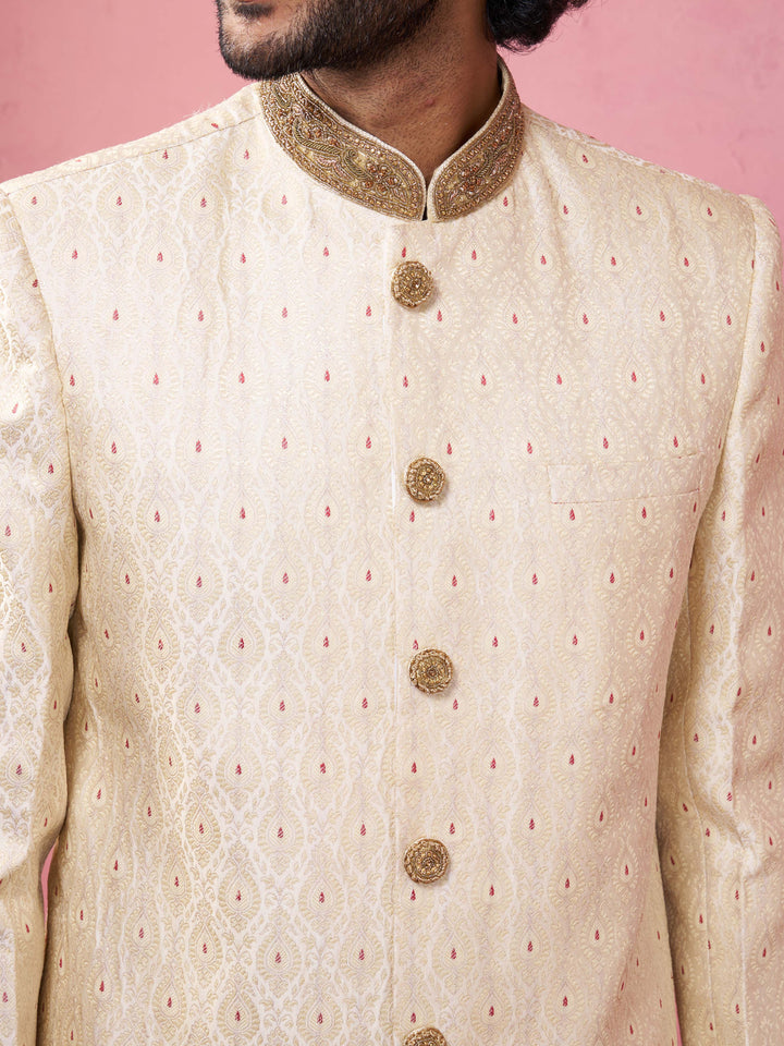 Men's Cream Silk Blend Sherwani Set with Maroon Motifs
