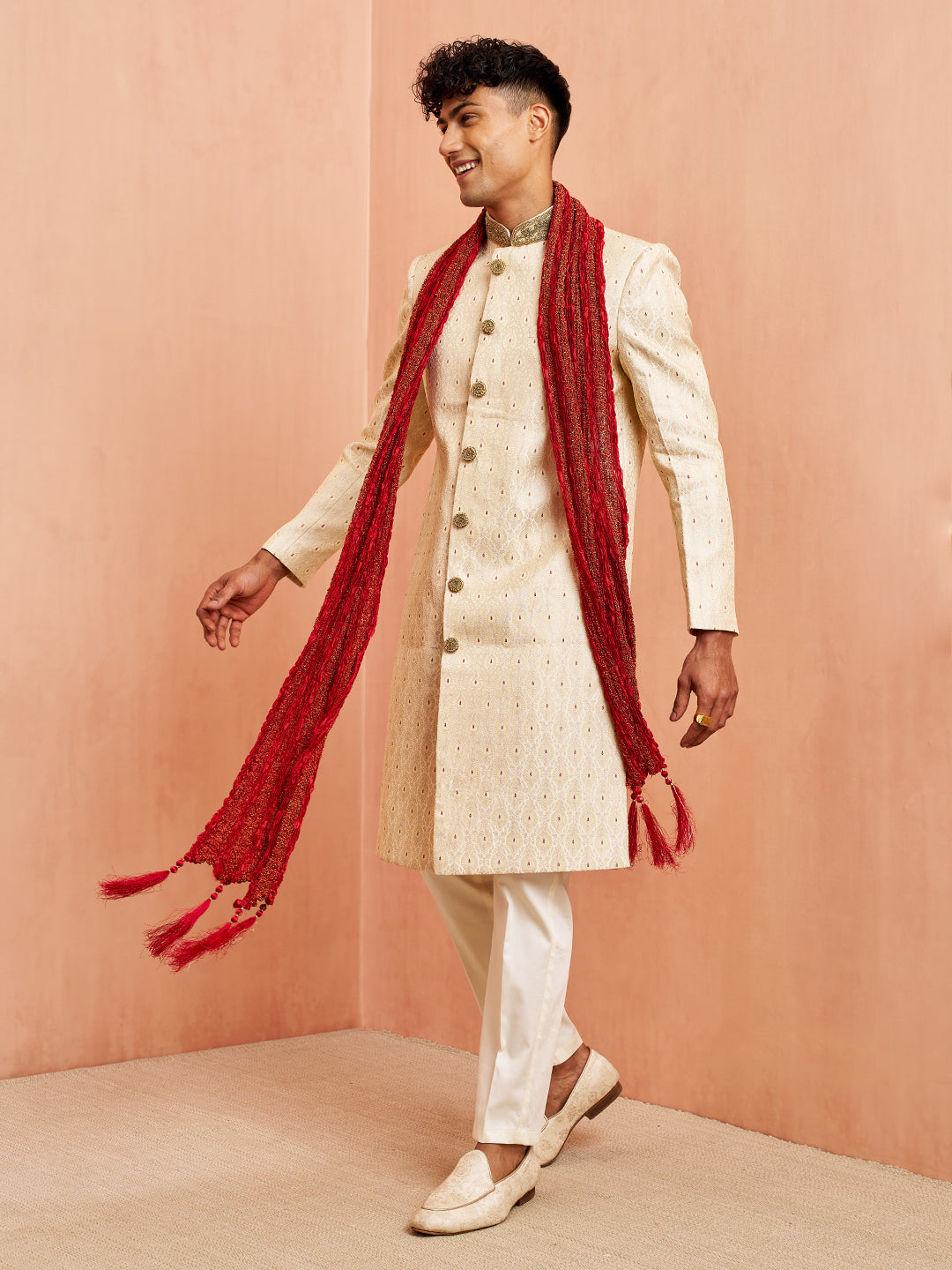 Men's Cream Jacquard Sherwani Pyjama Dupatta Set