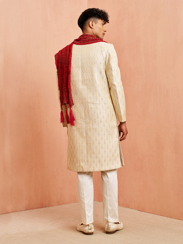 Men's Cream Jacquard Sherwani Pyjama Dupatta Set