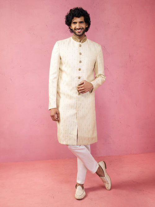 Men's Cream White Silk Sherwani Set