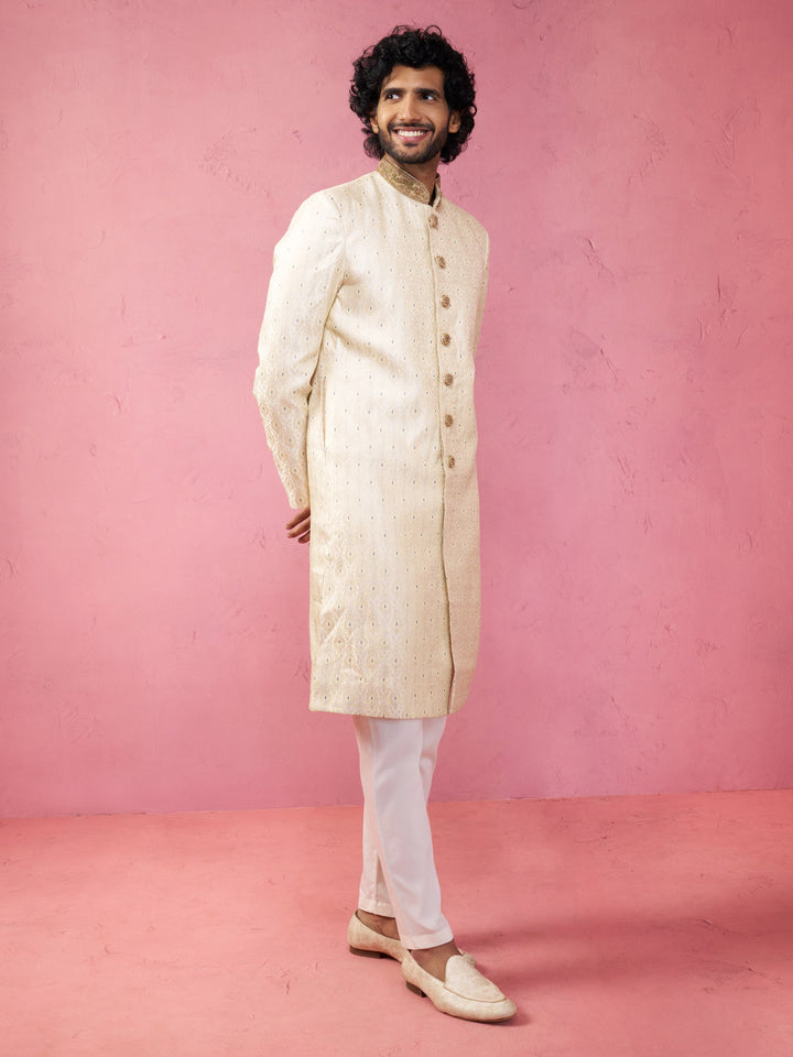 Men's Royal Blue Sherwani Set with Cream Pyjama