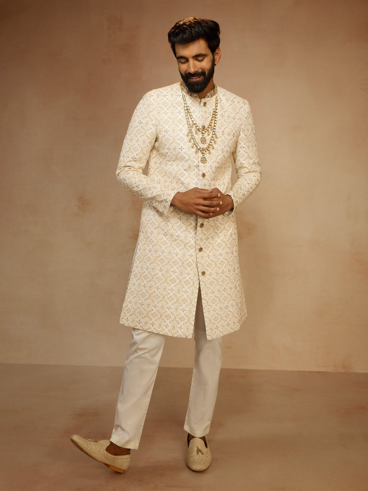 Men's White Zari Bead Floral Embroidered Silk Blend Sherwani with Cream Fine Satin Pyjama Set