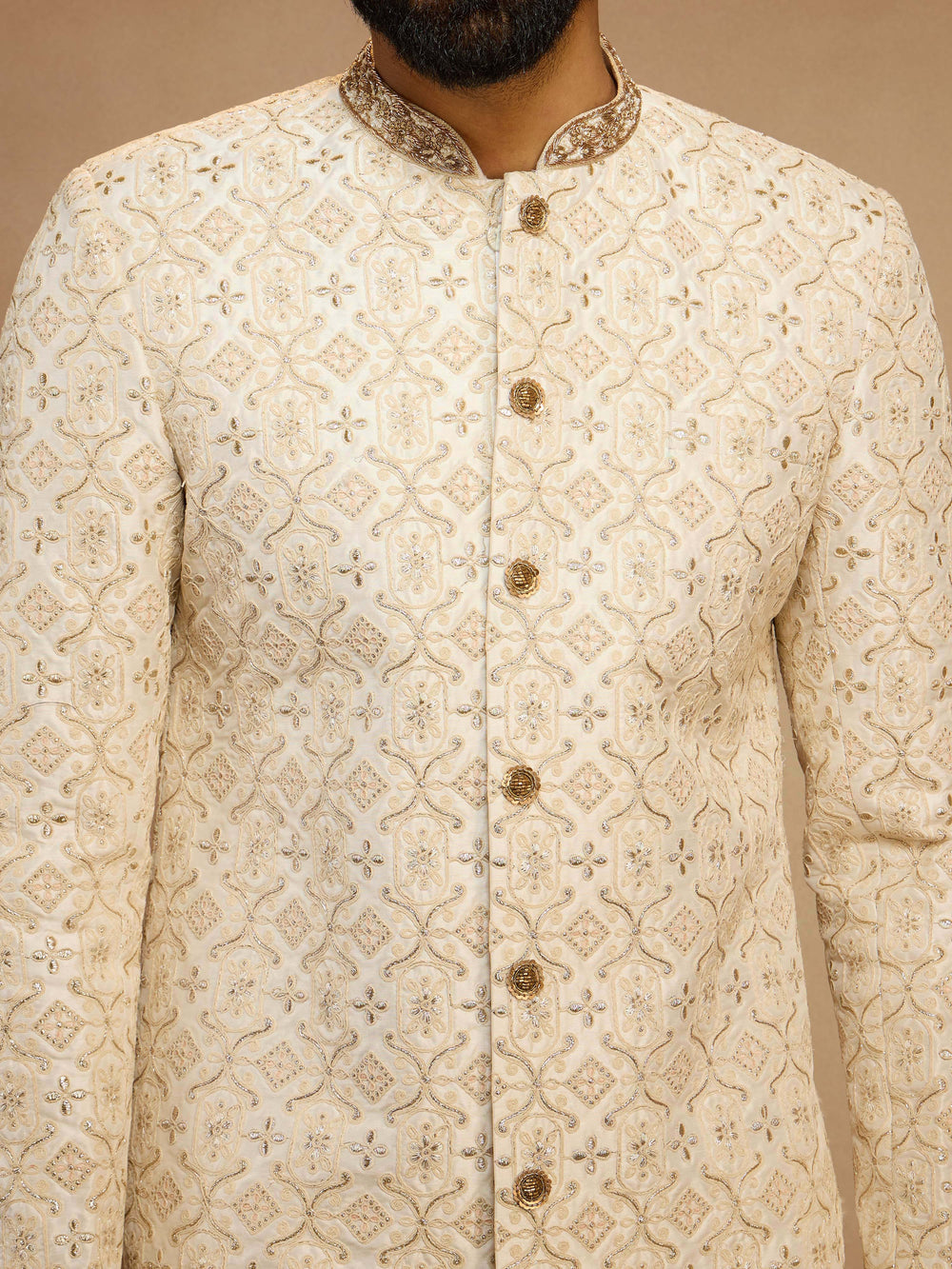 Men's White Zari Bead Floral Embroidered Silk Blend Sherwani with Cream Fine Satin Pyjama Set - view 2