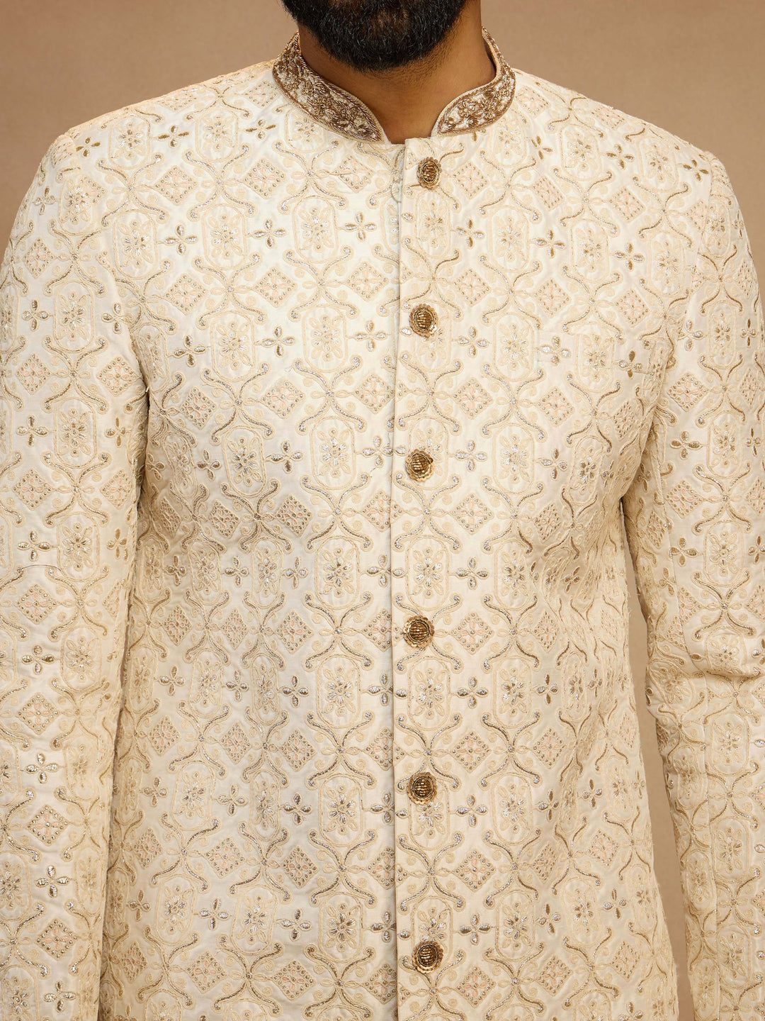 Men's White Zari Bead Floral Embroidered Silk Blend Sherwani with Cream Fine Satin Pyjama Set - view 2