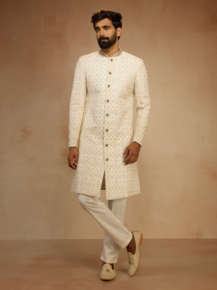 Men's White Zari Bead Floral Embroidered Silk Blend Sherwani with Cream Fine Satin Pyjama Set - view 3