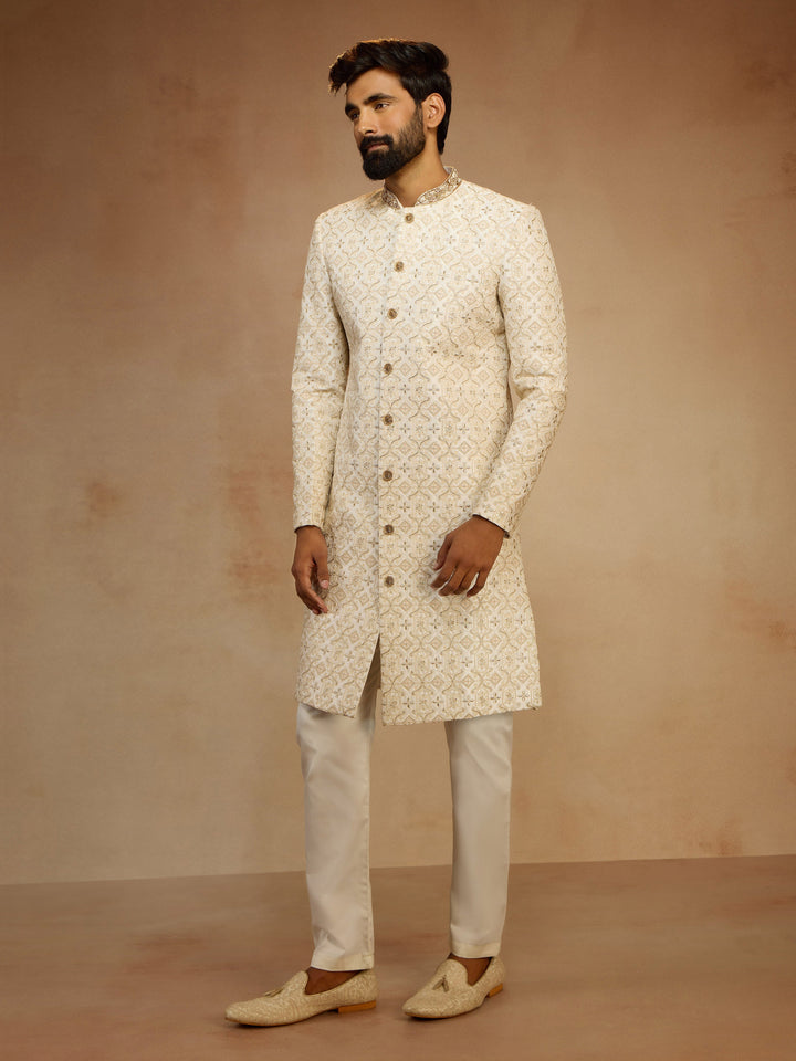 Men's White Zari Bead Floral Embroidered Silk Blend Sherwani with Cream Fine Satin Pyjama Set - view 4