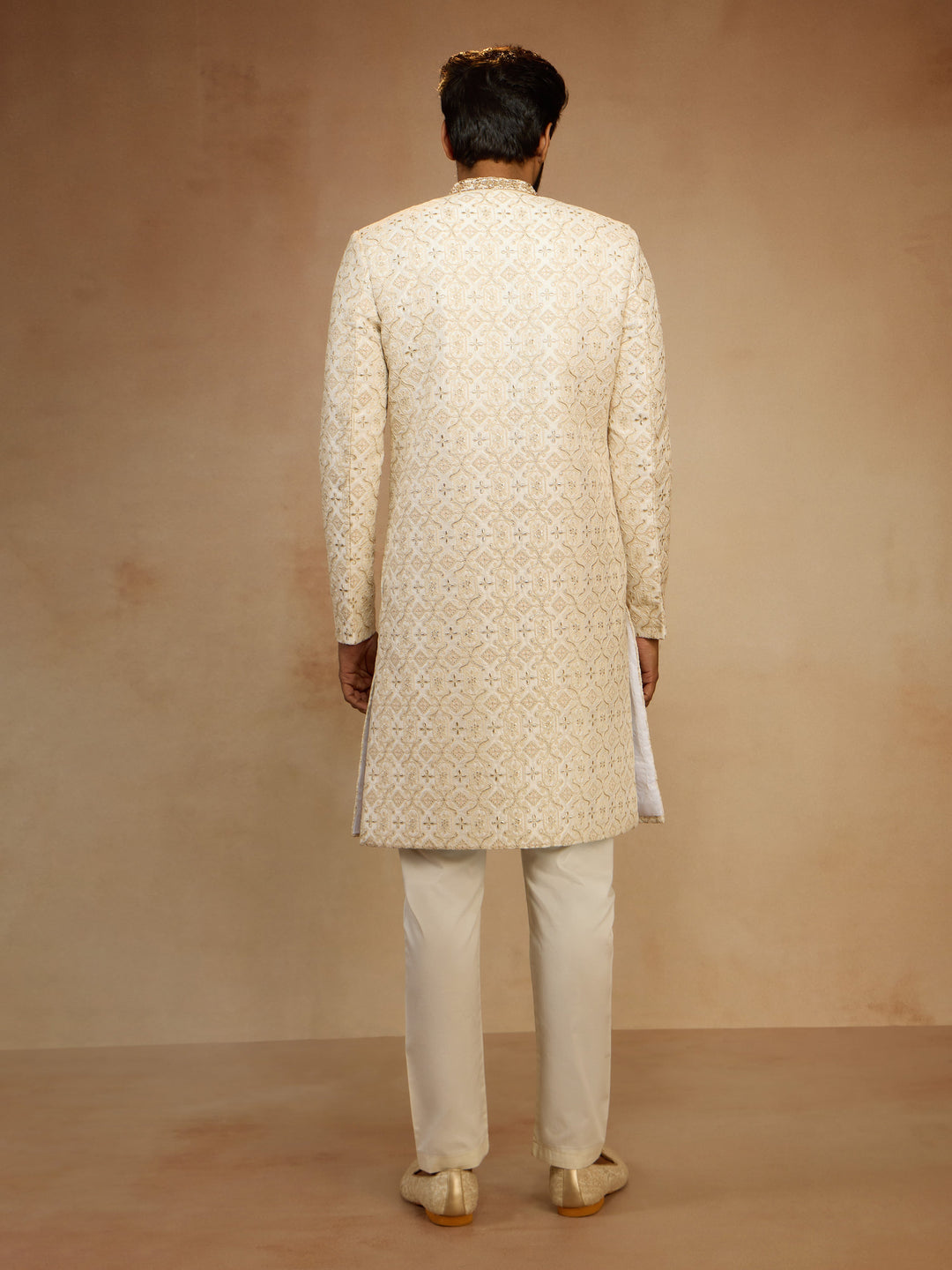 Men's White Zari Bead Floral Embroidered Silk Blend Sherwani with Cream Fine Satin Pyjama Set - view 5