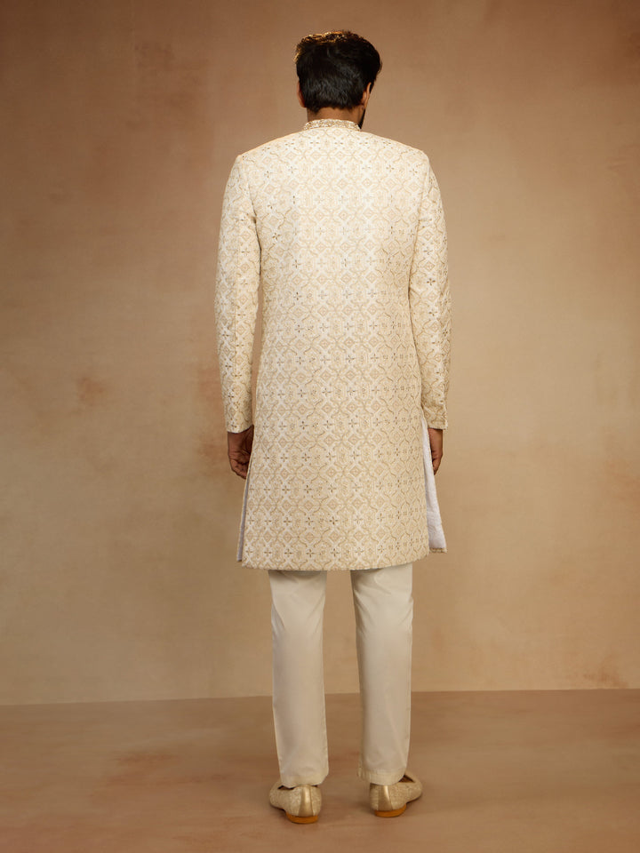 Men's White Zari Bead Floral Embroidered Silk Blend Sherwani with Cream Fine Satin Pyjama Set - view 5