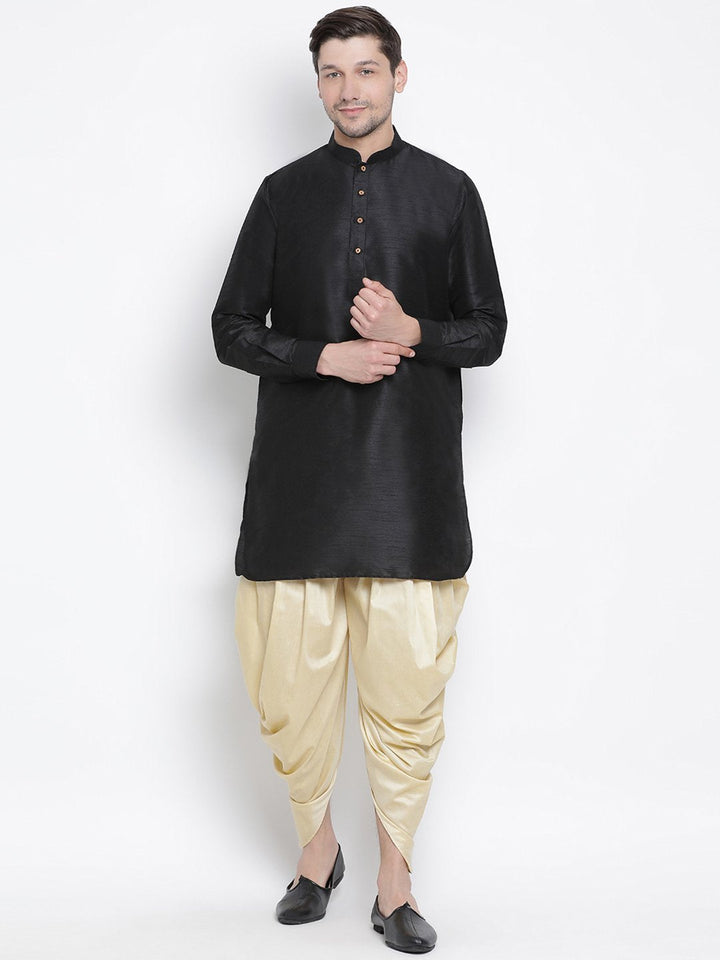 Sarvati Men's Black Silk Blend Curved Kurta Dhoti Set